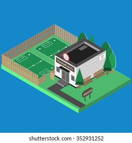 Isometric sport build vector isolated. Floor ball hall and outdoor isometric training scene. 3D sport location. Illustration of isometric sport hall vector. Flat style objects for app, game, design