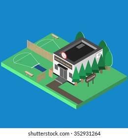 Isometric sport build vector isolated. Javelin throw base and outdoor isometric training scene. 3D sport location. Illustration of isometric sport hall vector. Flat style objects for app, game, design