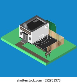 Isometric sport build vector isolated. Handball base and outdoor isometric training scene. 3D sport location. Illustration of isometric sport hall vector. Flat style objects for app, game, design
