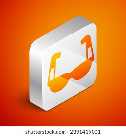 Isometric Sport cycling sunglasses icon isolated on orange background. Sport glasses icon. Silver square button. Vector