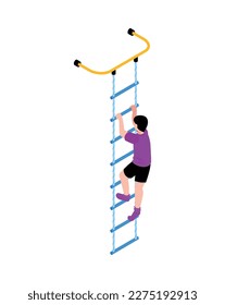 Isometric sport equipment for children icon with boy climbing rope ladder vector illustration