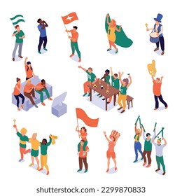 Isometric sport fans color set of isolated compositions with characters of shouting team supporters with flags vector illustration