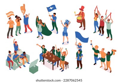 Isometric sport fans set with isolated compositions of people wearing team colours shouting and waving flags vector illustration