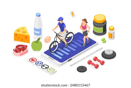 Deporte isométrico y estilo de vida saludable. Ciclismo y seguimiento de carreras en el App en el teléfono inteligente. Alimentos frescos, herramientas de entrenamiento y suplementos dietéticos, concepto de Vector impecable