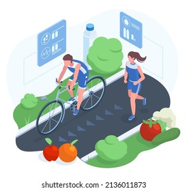 Isometric sport, healthy lifestyle and diet concept. Sportsman human characters doing fitness cardio vector illustration. Weight control, diet and health tracking gadget. Fitness isometric diet