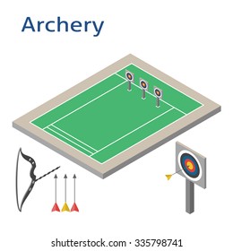 Isometric sport object. Archery arena isolated on white. Sports infrastructure vector. Archery playground, target, bow and arrows isometric vector