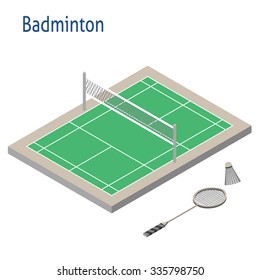 Isometric sport object. Badminton playground isolated on white. Sports infrastructure vector. Badminton court, racket and shuttlecock isolated vector