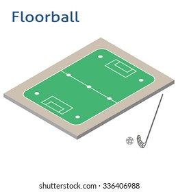Isometric sport object. Floorball playground isolated on white. Sports infrastructure vector. Florball field, club and ball vector. Location for web, app, game, informing