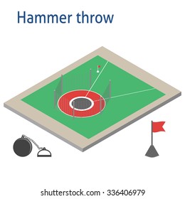 Isometric sport object. Hammer throw playground isolated on white. Sports infrastructure vector. Hammer throw field, flag and hammer flat vector. Location for web, app, game, informing