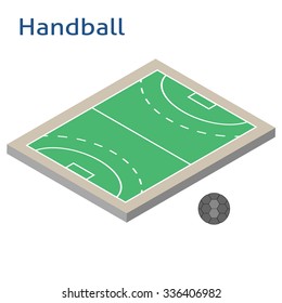 Isometric sport object. Handball playground isolated on white. Sports infrastructure vector. Handball field and ball vector. Location for web, app, game, informing