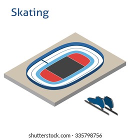Isometric sport object. Skating playground isolated on white. Sports infrastructure vector. Skating ice and racing skates vector