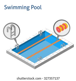 Isometric sport object. Swimming pool isolated on white. Sports infrastructure vector. Isometric swimming pool and details