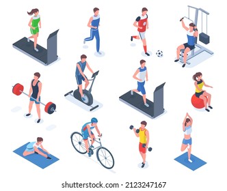 Isometric sport people, fitness, gym and yoga. People training on exercise bike and treadmill vector illustration set. Barbell lifting and football characters. Physical activities for sportsmen