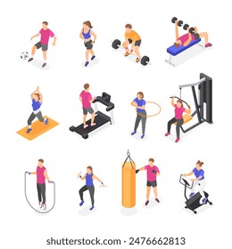 Isometric sport people. Person fitness activities, training gym stretching and yoga. Workout on treadmill, cycling and lifting, flawless vector characters