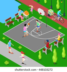 Isometric Sport Playground. Sporty People Playing Basketball in the Park. Vector illustration