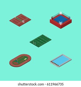 Isometric Sport Set Of American Football, Run Stadium, Basin And Other Vector Objects. Also Includes Run, Pool, American Elements.