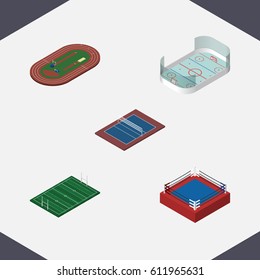 Isometric Sport Set Of Fighting, Tennis, Ice Games And Other Vector Objects. Also Includes Hockey, Rugby, Fighting Elements.