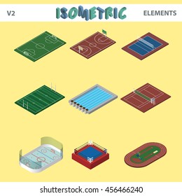 Lugares deportivos isométricos, objetos, campo de fútbol, pista de voleibol, pista de tenis, piscina, campo de hockey, pista de boxeo, estadio de atletismo, rugby, fútbol americano