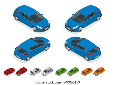 Isometric Sportcar or hatchback vehicle. SUV car set on white background, template for branding and advertising.