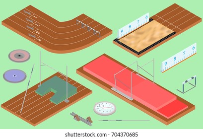Isometric sports - athletic equipment, field, paths in vector