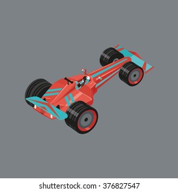 Isometric Sports Car. Isolated Vector Cartoon Auto For Racing. Red Sport Automobile With A Racer Inside.