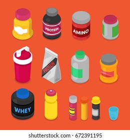Isometric Sports Nutrition Elements with Supplements, Protein Bottle, Pills, Vitamins, Whey. Vector flat 3d illustration