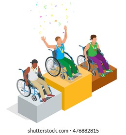 Isometric sports for peoples with disabled activity. Gold, Silver and Bronze Trophy medals on prize podium with confetti. First place award.