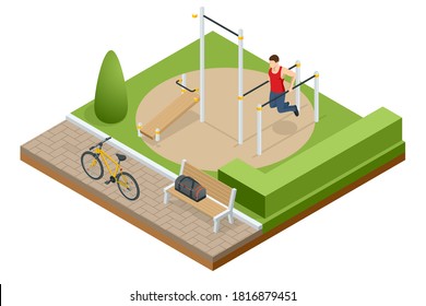 Isometric sportsman making workout, push-ups and exercises. Street workout exercises and outdoor gymnastics