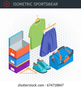 Isometric sportswear set. Sneakers, boxes, sports bag, t-shirt and shorts. Highly detailed vector illustration