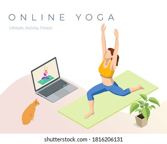 Isometric sporty young woman doing yoga practice. Fitness instructor taking online yoga classes over a video call in laptop. Healthy life concept.