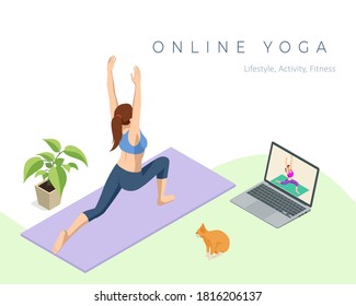 Isometric sporty young woman doing yoga practice. Fitness instructor taking online yoga classes over a video call in laptop. Healthy life concept.