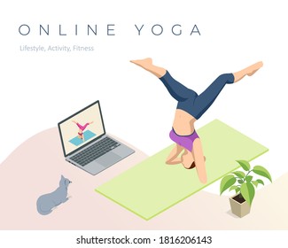 Isometric sporty young woman doing yoga practice. Fitness instructor taking online yoga classes over a video call in laptop. Healthy life concept.