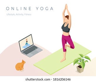 Isometric sporty young woman doing yoga practice. Fitness instructor taking online yoga classes over a video call in laptop. Healthy life concept.