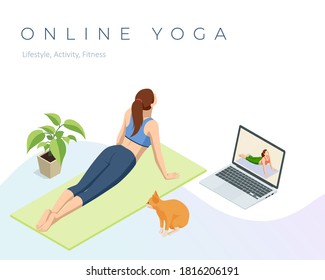 Isometric sporty young woman doing yoga practice. Fitness instructor taking online yoga classes over a video call in laptop. Healthy life concept.