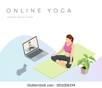 Isometric sporty young woman doing yoga practice. Fitness instructor taking online yoga classes over a video call in laptop. Healthy life concept.