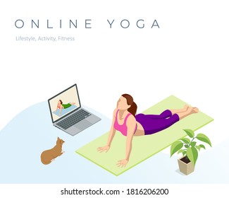 Isometric sporty young woman doing yoga practice. Fitness instructor taking online yoga classes over a video call in laptop. Healthy life concept.