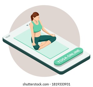 Isometric sporty young woman doing yoga practice. Fitness instructor taking online yoga classes over a video call in smartphone. Healthy life concept.