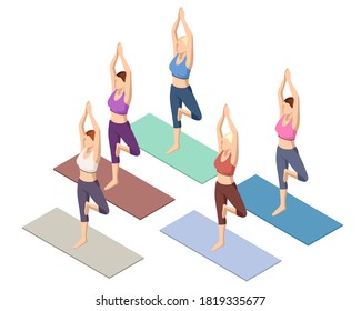 Isometric sporty young woman doing yoga practice. Fitness instructor taking online yoga classes over a video call in laptop. Healthy life concept.