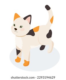 Isometric spotted cat. Charming white, black and orange kitten standing. Feline, meow and fur. Character with tail and paws. Poster or banner for website. Cartoon vector illustration