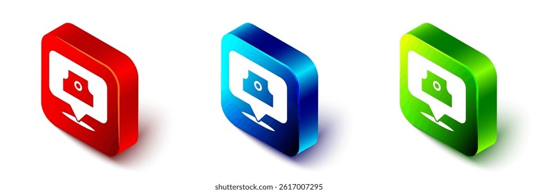 Isometric Spray can nozzle cap icon isolated on white background. Red, blue and green square button. Vector