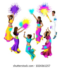 Isometric spring festival, festival of colors, girls and guys of Indian women jump, rejoice, happiness, throw colored powder, beautiful movements, sari dresses