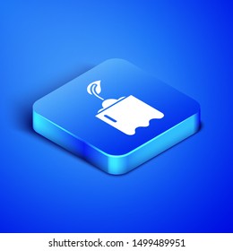 Isometric Sprout in bottle icon isolated on blue background. Seed and seedling. Leaves sign. Leaf nature. Blue square button. Vector Illustration