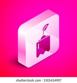 Isometric Sprout in bottle icon isolated on pink background. Seed and seedling. Leaves sign. Leaf nature. Silver square button. Vector Illustration