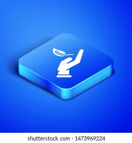 Isometric Sprout in hand of environmental protection icon isolated on blue background. Seed and seedling. Planting sapling. Ecology concept. Blue square button. Vector Illustration
