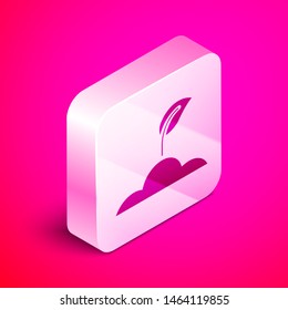 Isometric Sprout icon isolated on pink background. Seed and seedling. Leaves sign. Leaf nature. Silver square button. Vector Illustration