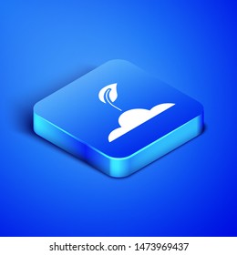 Isometric Sprout icon isolated on blue background. Seed and seedling. Leaves sign. Leaf nature. Blue square button. Vector Illustration