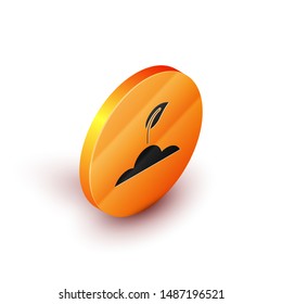Isometric Sprout icon isolated on white background. Seed and seedling. Leaves sign. Leaf nature. Orange circle button. Vector Illustration