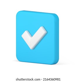 Casilla de verificación de confirmación de aceptación cuadrada isométrica del éxito del informe derecho elija el control 3d ilustración del vector de icono realista. Marca de verificación brillante azul hecha completamente etiqueta de prueba de marca de formulario del cuestionario