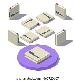 Isometric square book from different angles isolated on white background.
Vector low poly illustration.