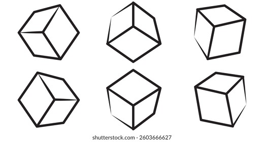  Isometric square boxes design. Line cubic logos. Cubes, blocks outline shapes set. Abstract geometric black templates. Modern geometry cubics isolated. Vector
